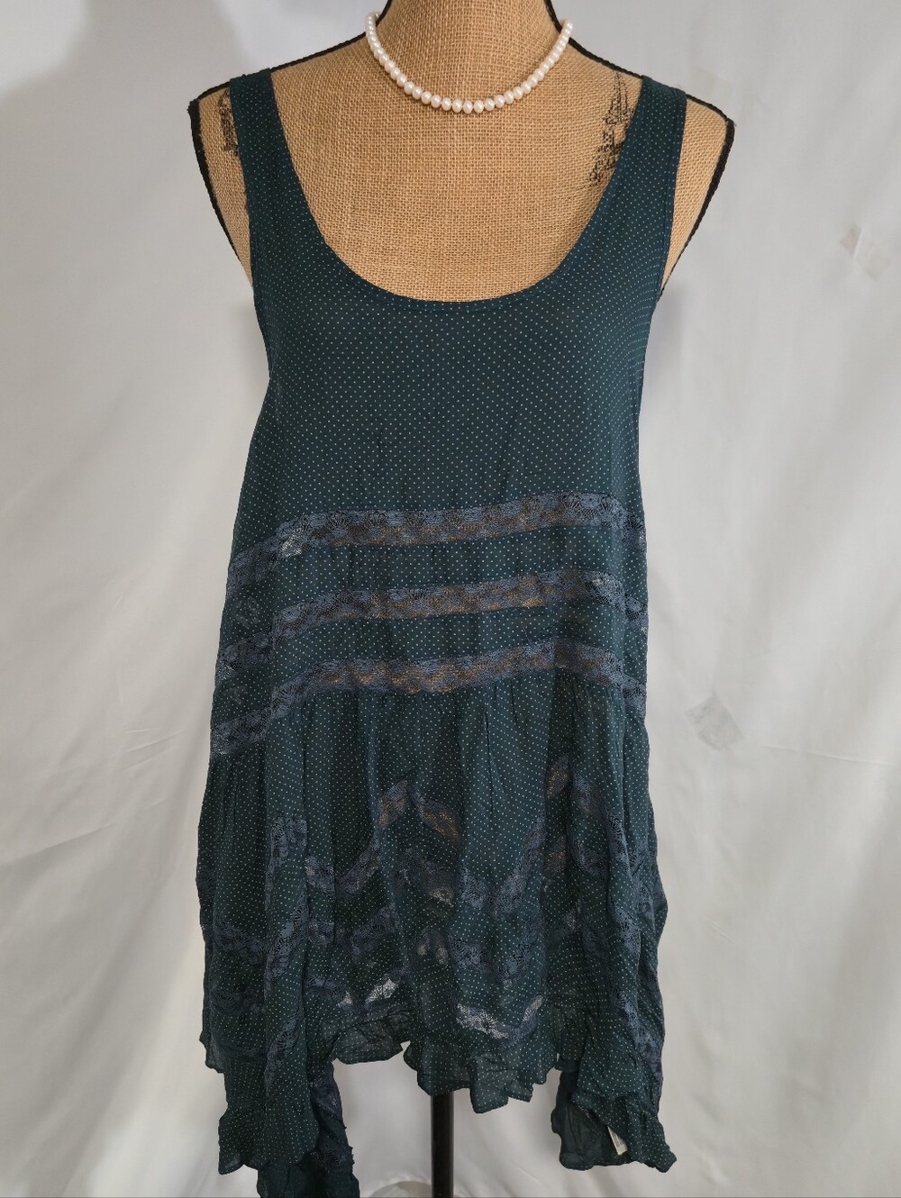 Free People Dark Teal Polka Dot Scoop Neck Tunic Tank